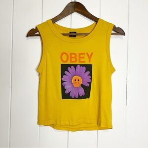 Obey Mustard Yellow Smiley Face Flower Tank Top. Size Small.